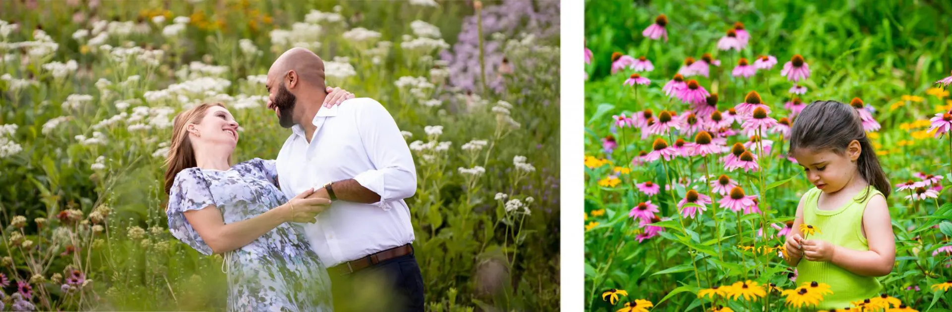 A man and woman standing in front of flowers.