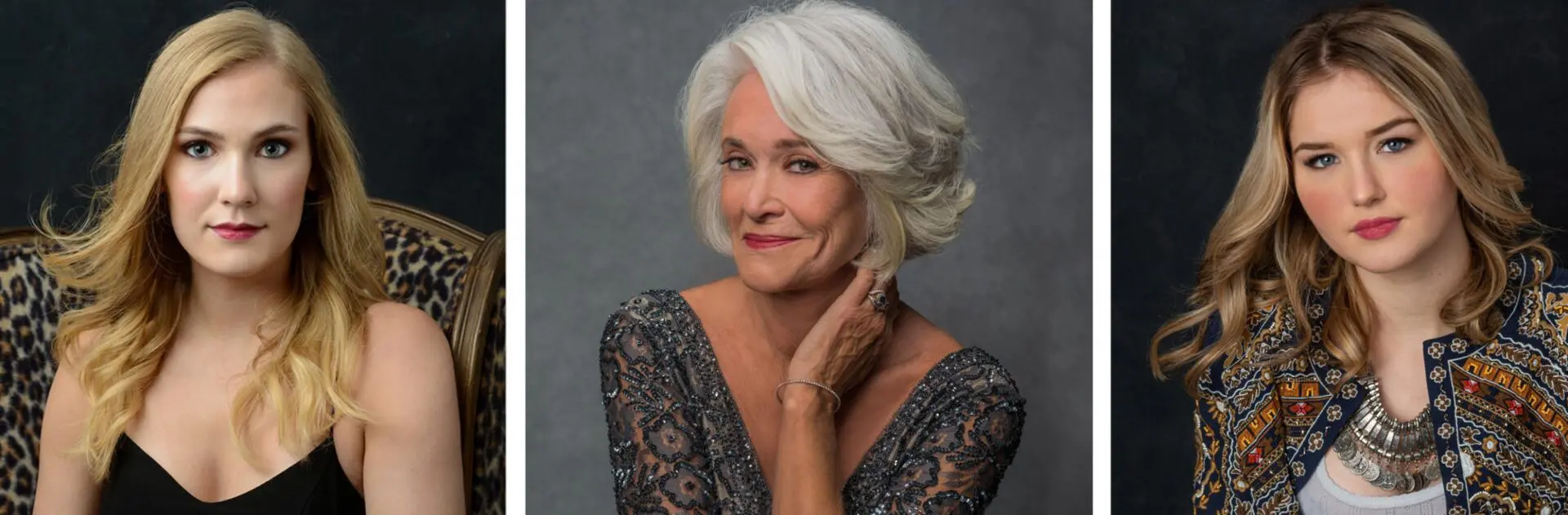 A woman with white hair posing for the camera.