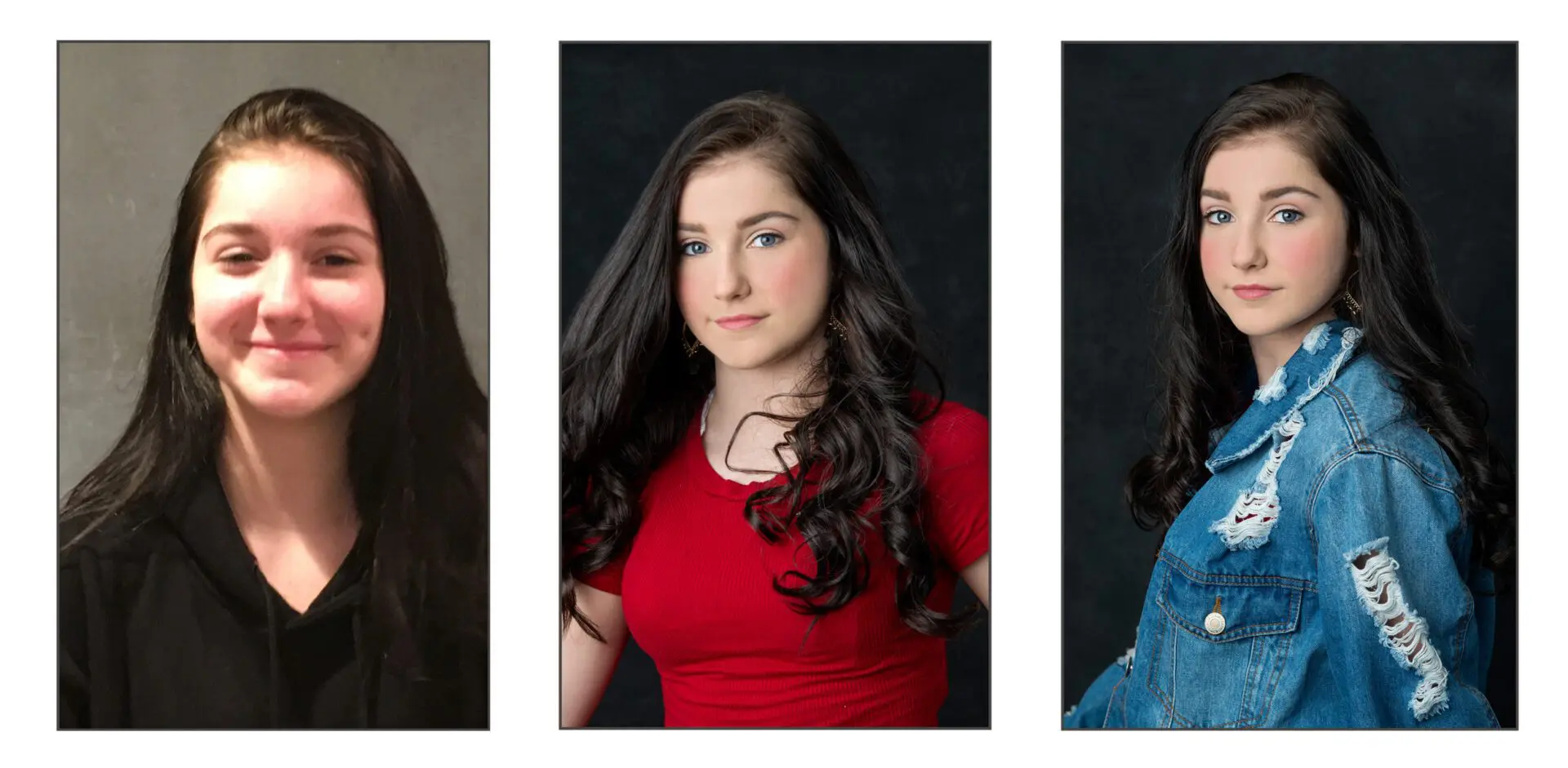 Three women with long hair posing for a photo.